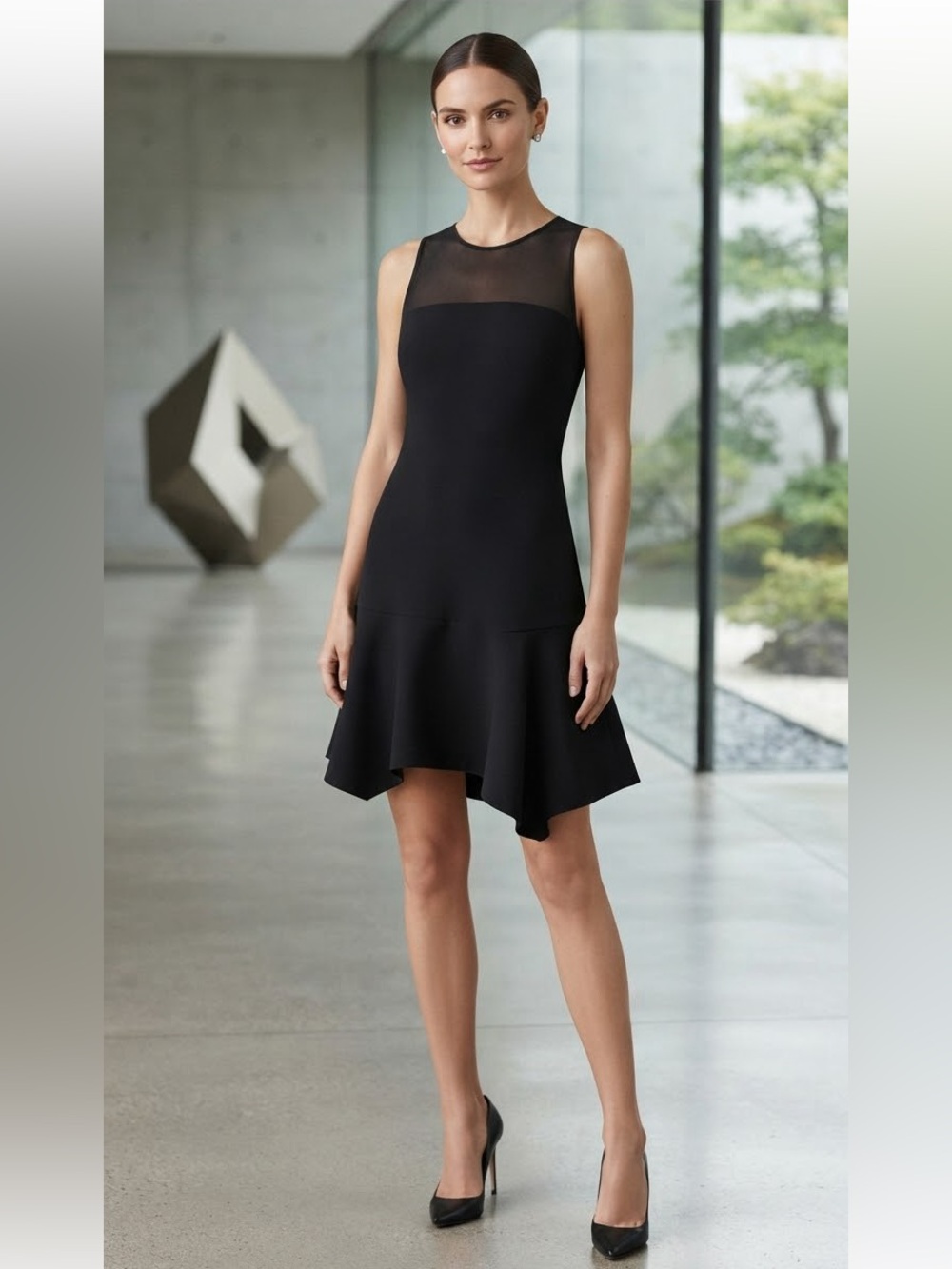 club monaco black flounce hem mesh insert lorna dress